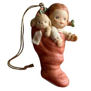 Vintage 1989 Enesco Lucie Attwell Girl & Puppy In Stocking Ornament